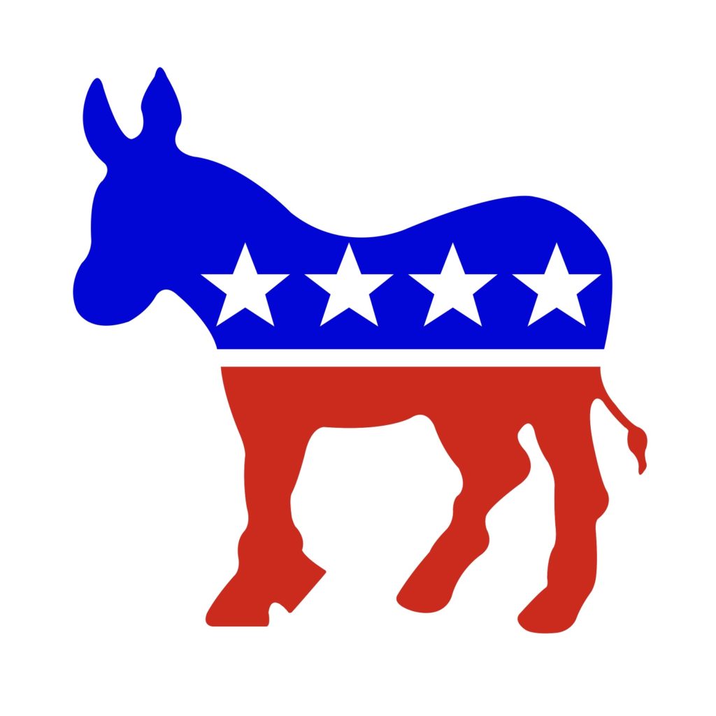 Democrat donkey in red white and blue. Isolated on a white background with a clipping path.