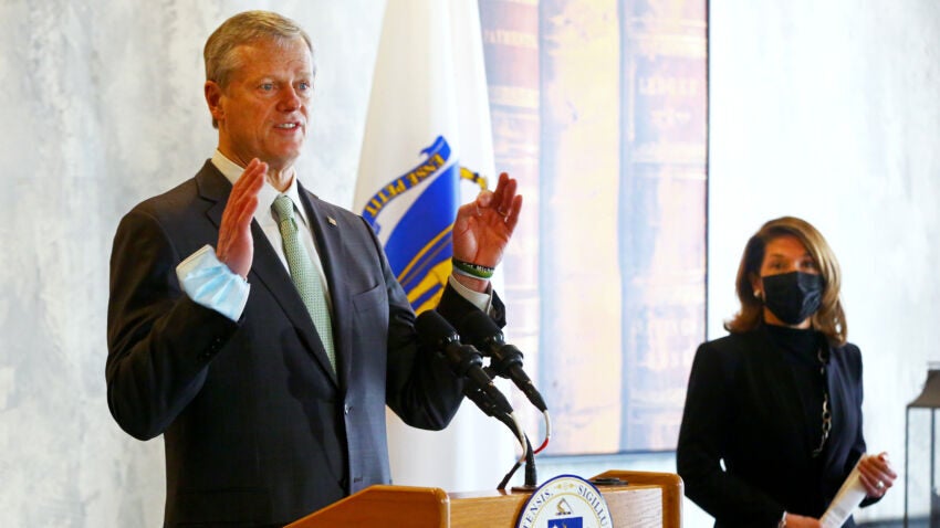 Charlie Baker announced on Thursday that Massachusetts will move forward in its COVID-19 reopening plan. Photo courtesy of Pat Greenhouse/ The Boston Globe and boston.com