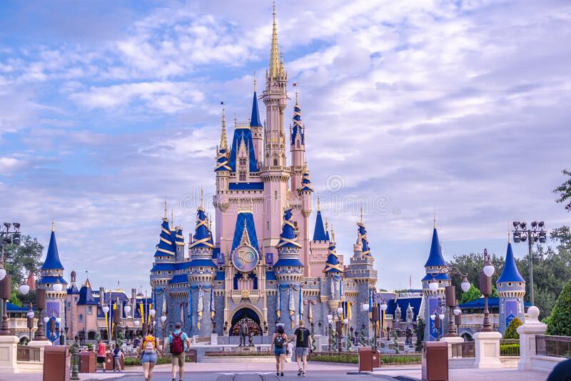 Cinderella's castle decorated for Disney World's 50th anniversary. Image credit- Jose M Hernandez, Dreamstime.com