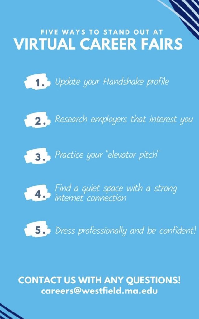 A list of ways you can stand out at a virtual career fair. image credit- WSU Career Center on Instagram. 